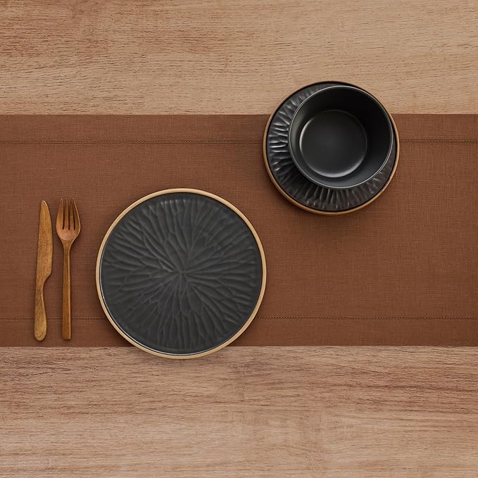 Solino Home Linen Brown Table Runner 108 Inches Long - 100% Pure Linen 14 x 108 Inch Table Runner - Classic Hemstitch