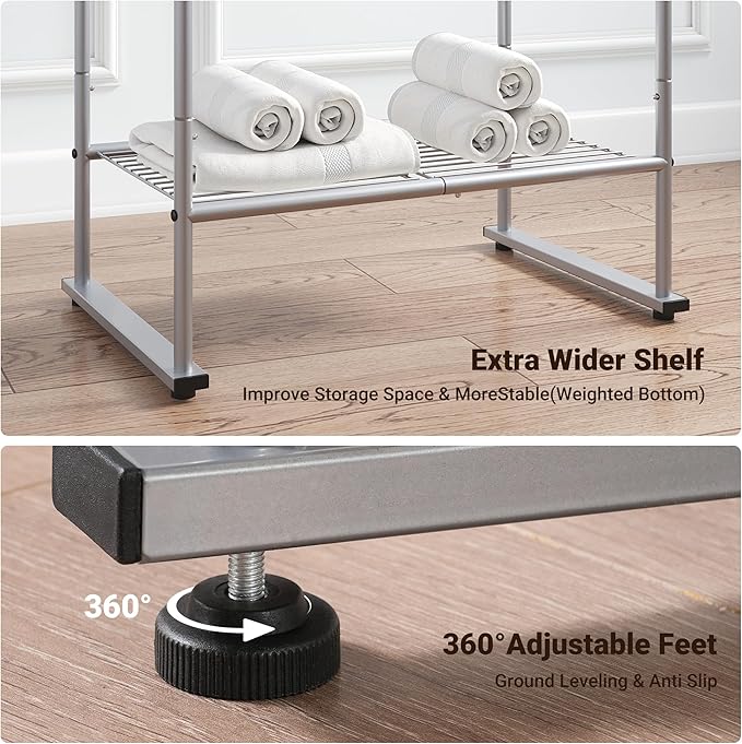 ELYKEN 40'' Tall Standing Towel Racks, 3 Tier Towel Drying Rack Outdoor, Pool Towel Stand Blanket Holder with Shelf & 4 Removable Hooks, Metal Freestanding Towel Racks for Bathroom, Smooth Silver