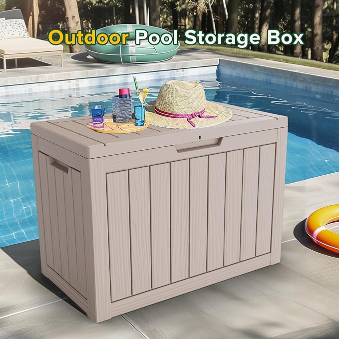45 Gallon Resin Deck Box, Waterproof Outdoor Storage Box for Patio, Poolside, and Garden, Lockable UV-Resistant Storage Bin Bench Cabinet for Small Spaces, Grey