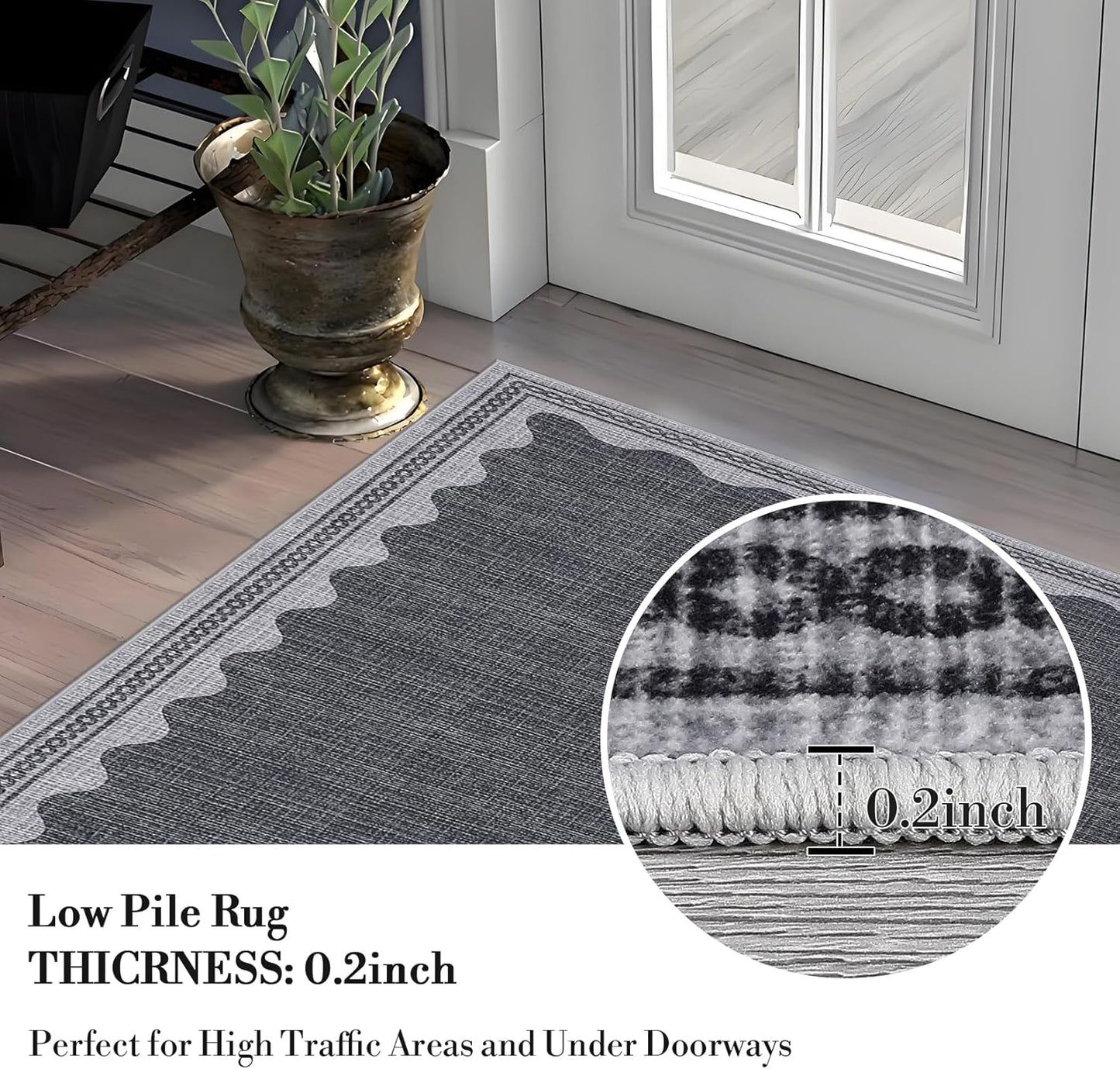 Scalloped Rug 2x6 Runners for Hallways, Solid Grey Runner Rugs Non Slip Scalloped Bath Runner, Washable Rug for Bedroom Girls, Mat for Kitchen Floor Soft Dorm Nursery Carpet for Bedside
