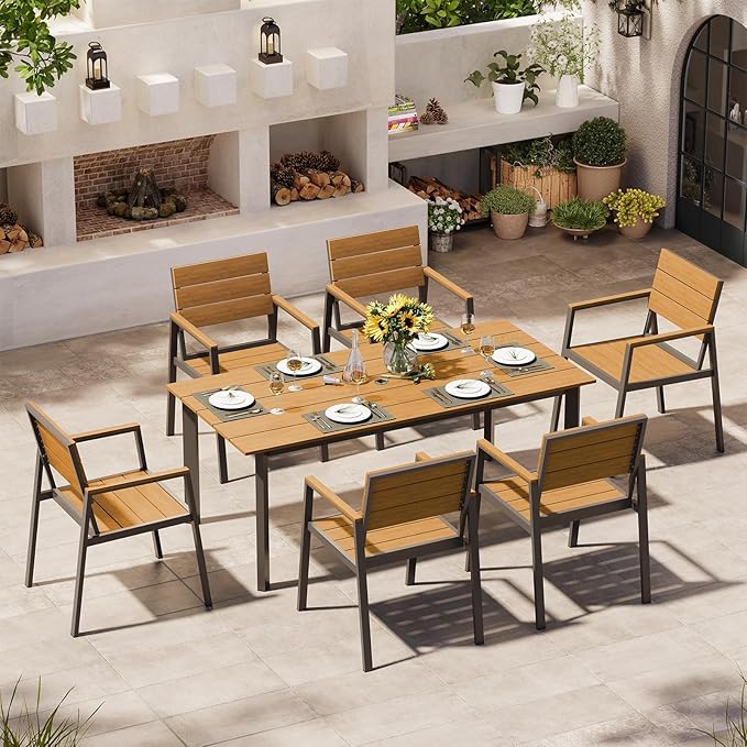 Outdoor Patio Dining Chairs Set of 2, 350LBS Capacity Aluminum Patio Dining Chairs with Armrests, Weather-Resistant for Lawn, Garden, Yard, Poolside and Indoor Use (Gray & Teak)