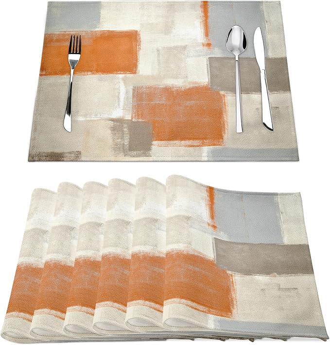Modern Art Placemats for Dining Table Set of 6 Orange Abstract Painting Place Mats Washable Beige Linen Placemat for Kitchen Home Dinner Party Decor 18x12 Inches