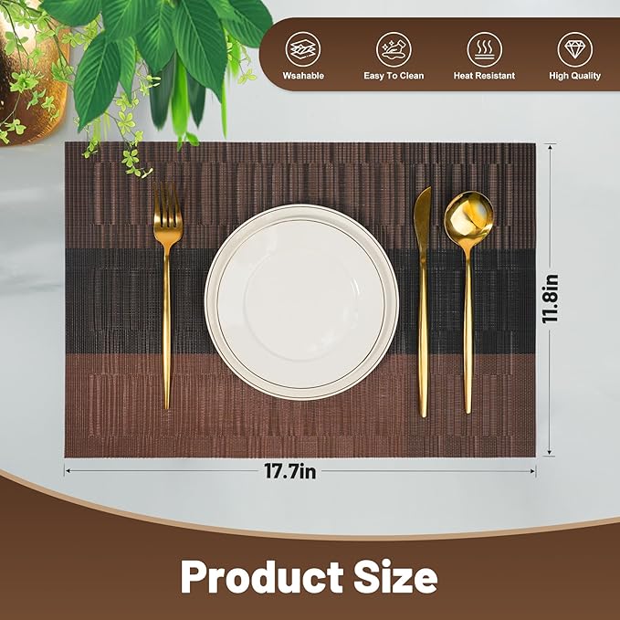 Placemats Set of 12，Non-Slip PVC Weave Table Mats Easy to Clean，Heat Resistant Place Mats for Kitchen Dining Table Decoration Indoor Outdoor，Black Brown