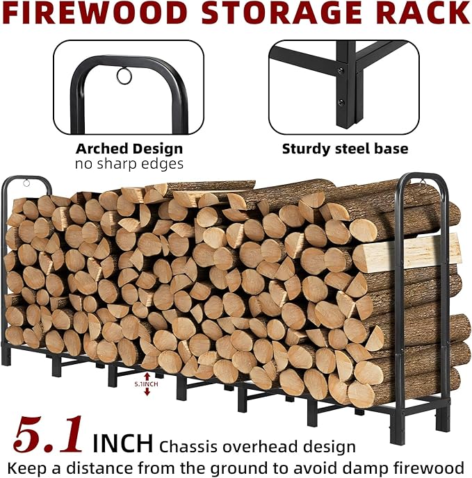 8FT Firewood Rack with Waterproof Cover,Heavy Duty Firewood Storage Log Holder for Outdoor&Indoor,Fireplace Wood Rack with 600D Oxford Fabric