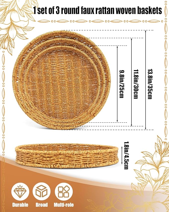 Woven Bread Basket, 3 Pack Wicker Fruit Baskets Rattan Bread Basket Poly Wicker Bread Baskets With Handles For Food Serving, Display, Vegetables, Home Kitchen, Restaurant, Outdoor (Round set)