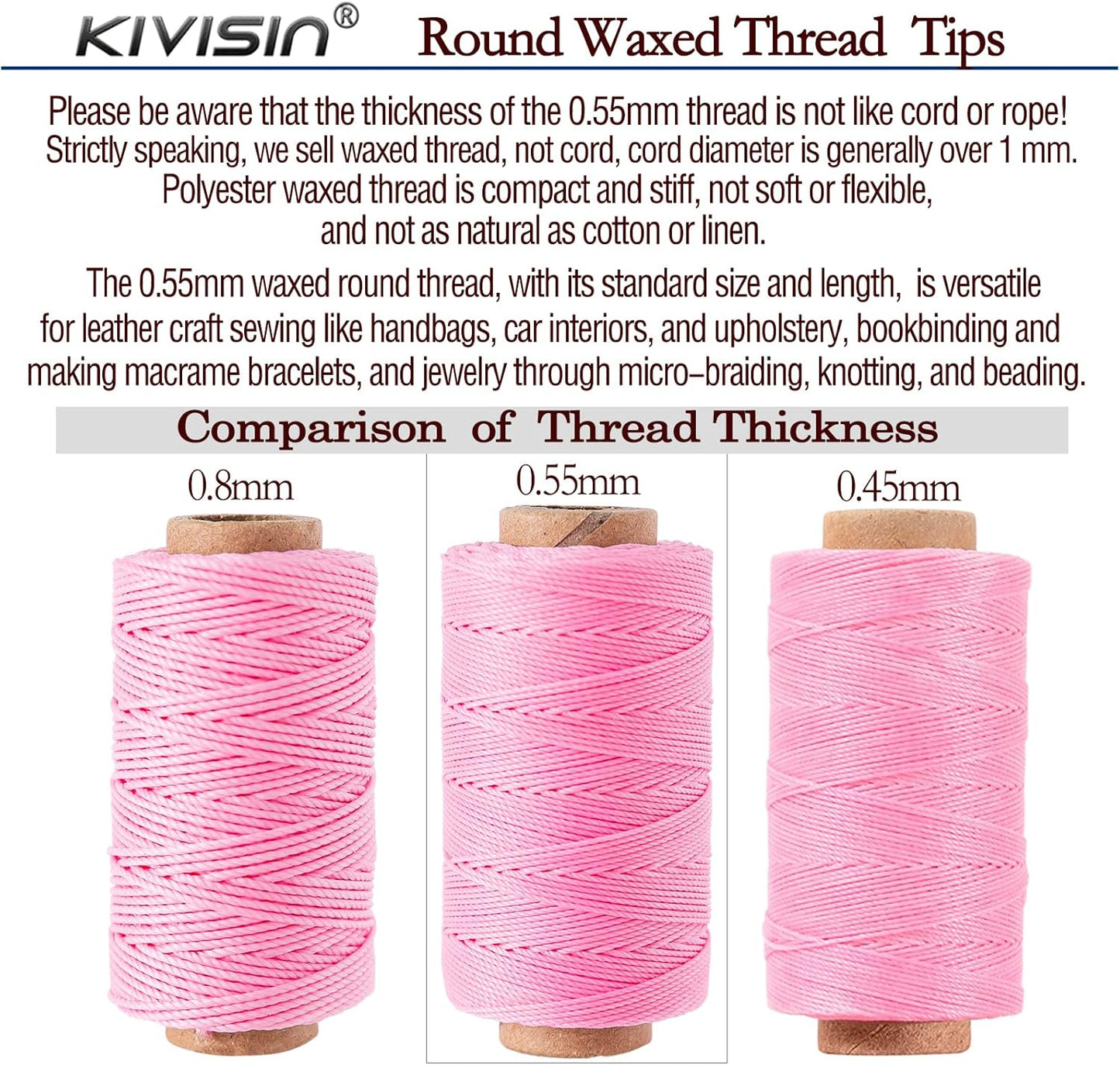 0.55mm Bonded Round Waxed Polyester Thread 76 Yards Each, 12 Rainbow Color Wax Coated String Thin Cord for Micro Macrame, Bracelets Braided, Leather Sewing, Stitching, Beading and Bookbinding