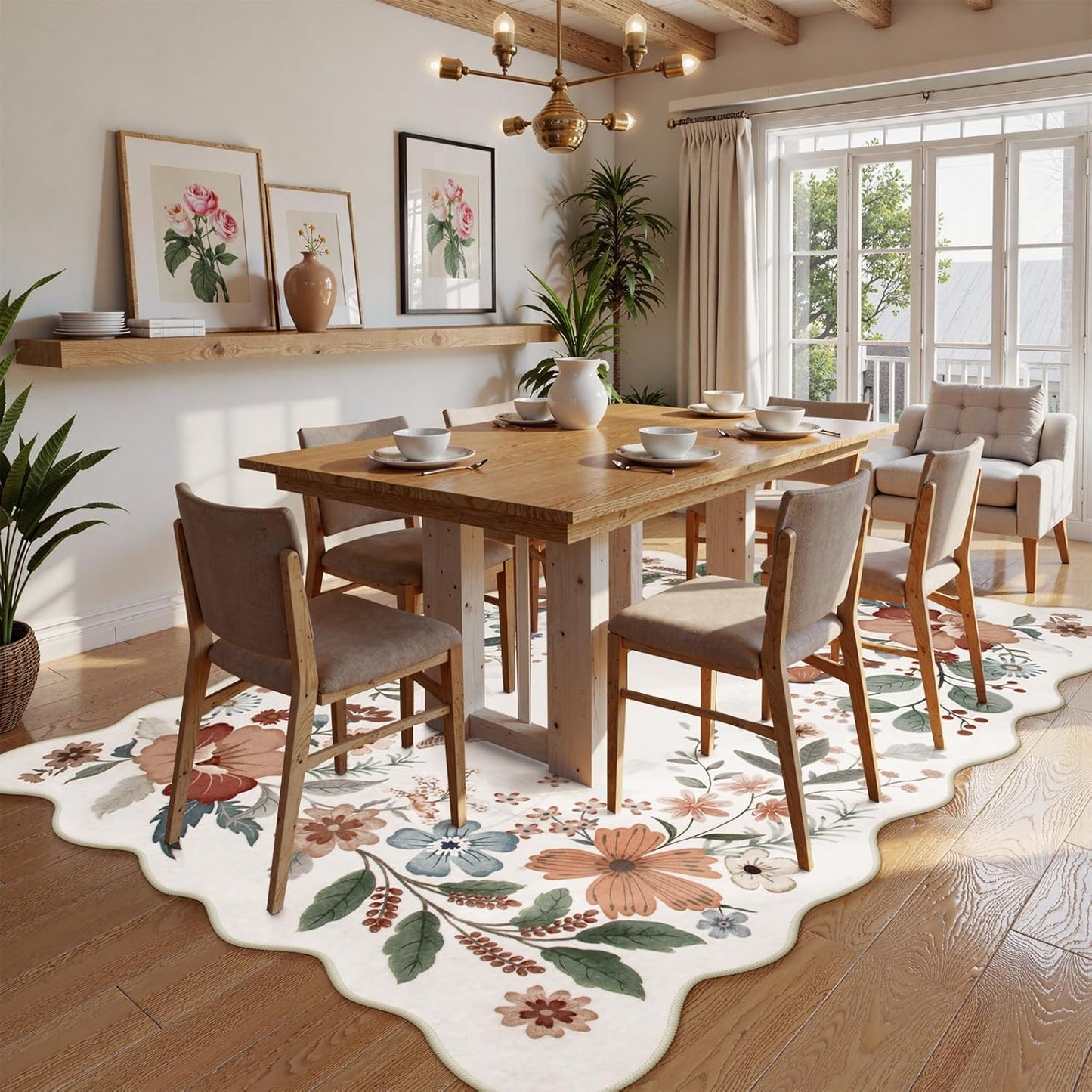 Beeiva 5 x 7 Area Rugs - Scalloped Floral Printed Beige Playroom Rug for Dorm Non Slip Washable Neutral Area Rug Soft Ultra-Thin Aesthetic Throw Carpet for Kids Room Nursery Living Room(Beige,5x7ft)