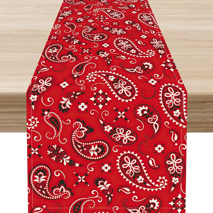 Red Paisley Table Runner, Rustic Damask Antique Floral Flower Retro Boho Swirled Pattern Vintage Coffee Table Center Decor for Family Kitchen and Living Room Outdoor Table Decorations, 13"x108"
