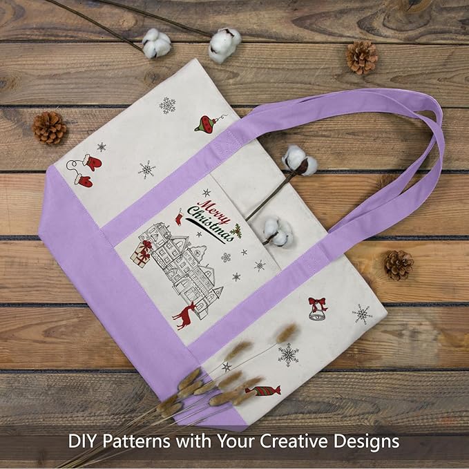 TOPDesign 3-Pack Canvas Tote Bags with an External Pocket, Reusable Grocery Shopping Bags, Top Zipper Closure, Daily Essentials (Lavender/Natural)