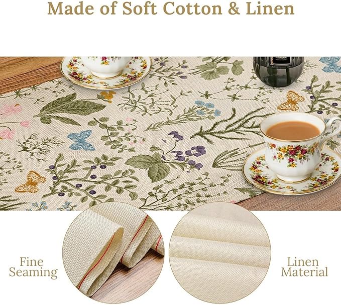 Vintage Wildflower Table Runner,Spring Floral Herbs Botanical Summer Butterfly Print Table Runner for Kitchen Dining Table Home Party Decor 13x120in