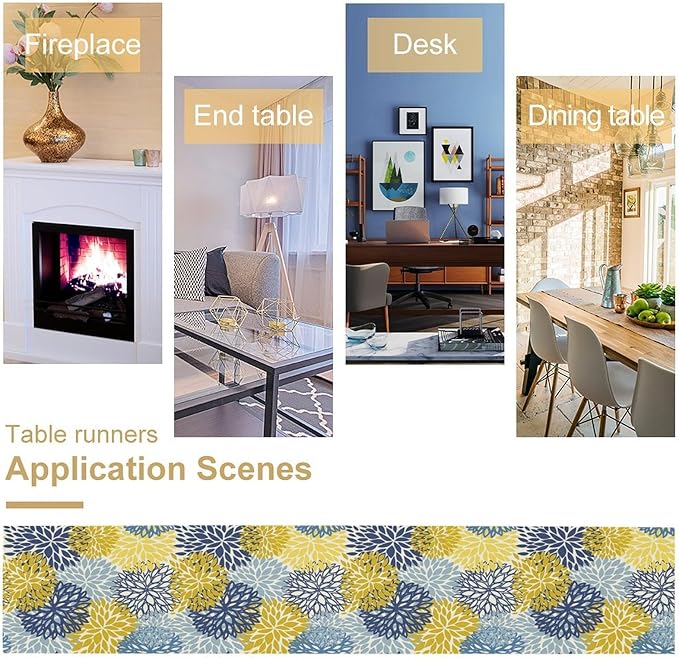 Dahlia Flower Table Runner,Blue Yellow Floral Print Table Runner for Kitchen Dining Table Dinner Holiday Home Party Indoor Outdoor Decor 13x108in