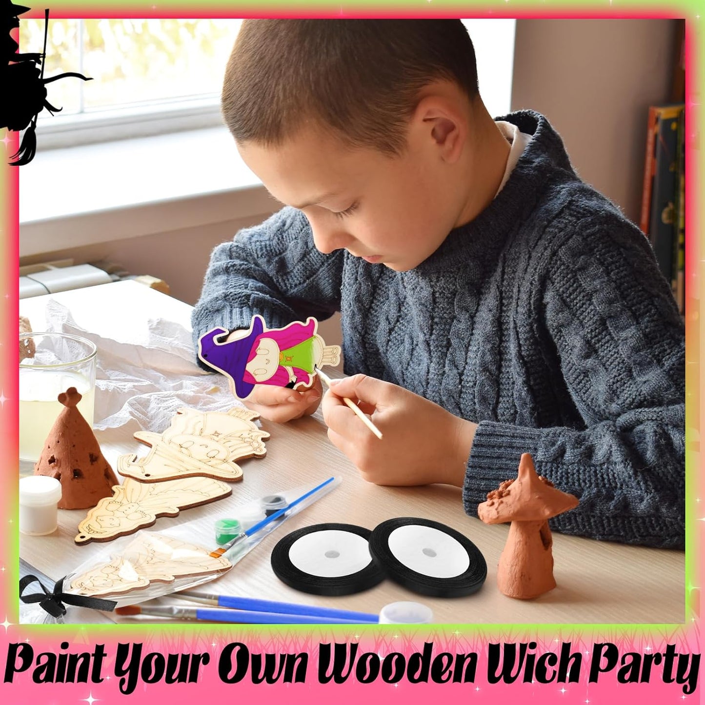 VioraWhite 24 Set Paint Your Own Witch Princess Party Favors Pink and Green Party Supplies Witch Hats Princess Crowns DIY Wood Painting Craft Kit Color Your Own Arts Crafts Kit for Birthday Gift