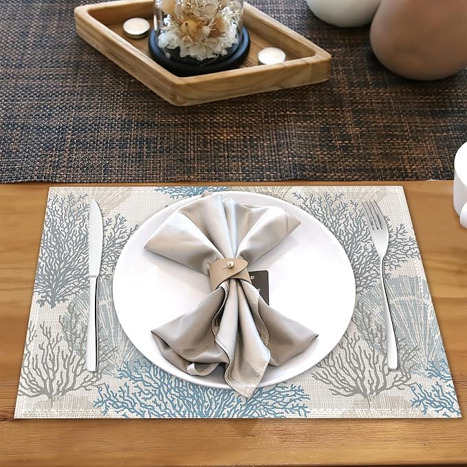Coastal Beach Placemats Set of 6,Shell Starfish Coral Heat Resistant Table Mats Washable Place Mats for Party Kitchen Farmhouse Home Dining Holiday Decor 12x18 Inch