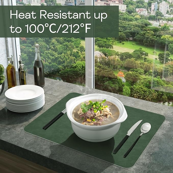Faux Leather Placemats Set of 6 Table Mats Heat Resistant Reversible Place Mats, Waterproof Wipeable Dining Table Placemats for Home Party Outdoor, 15.8 × 11.8 inches (Green/Grey)