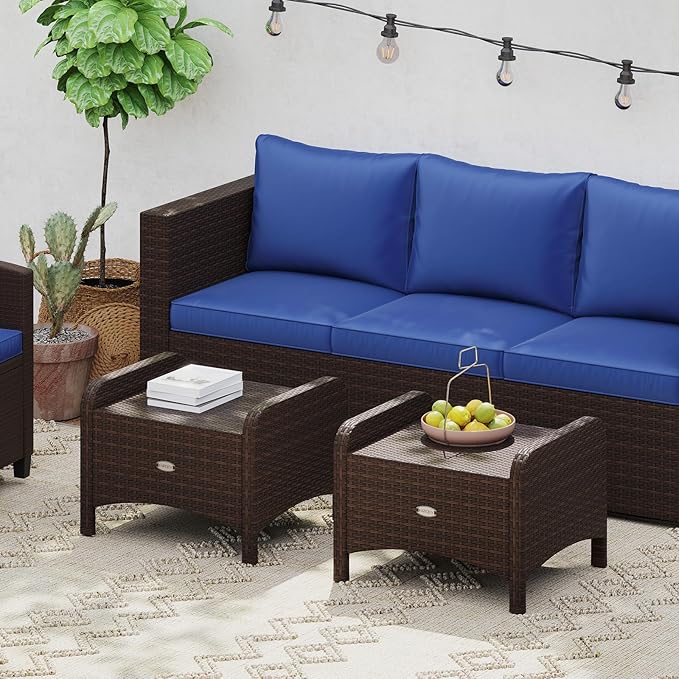 Tangkula 2 Pieces Outdoor Patio PE Wicker Ottomans with Removable Cushions, Outdoor Furniture for Additional Seating, Footrest and Side Table, Outdoor Footstools for Porch, Garden and Backyard