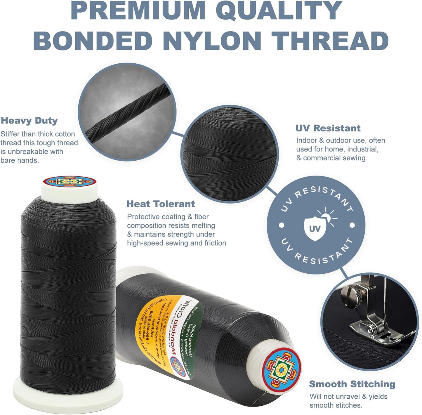 Mandala Crafts Bonded Nylon Thread Black Heavy Duty Sewing Threads - 1500 YDs Size 69 210D T70 Tex 70 Thread for Leather Jeans Weaving Outdoor Marine Upholstery Threads