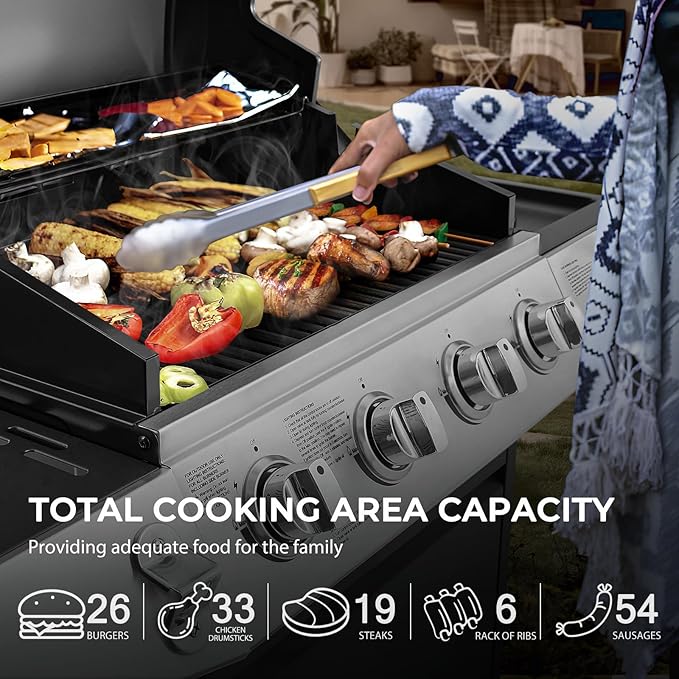 Lyromix 4 Burners Gas Grill with Side Burner, Propane Grill with Wheels and Storage, Outdoor Gas BBQ with Oil Tray and Thermometer for Patio and Party, 49200 BTU
