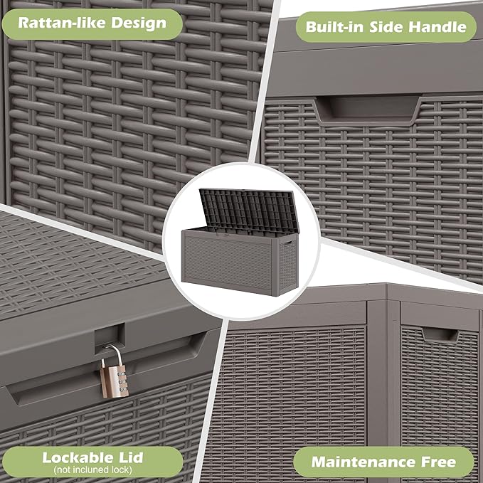 Outdoor Storage Box, 60 Gallon Outside Deck Box Waterproof, Resin Outdoor Storage Cabinet With Lockable Lid, Storage Bench for Garden Tools, Patio Cushions, Pool Tools, Package Delivery, Gray