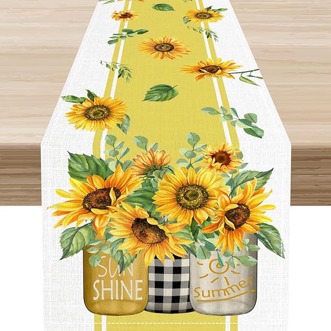 Sunflower Table Runner, Watercolor Yellow Floral Vase Spring Sunshine Summer Farmhouse Rustic Coffee Table Center Decor for Home Kitchen Dining Patio Indoor Outdoor Table Decorations, 13"x72" Inch