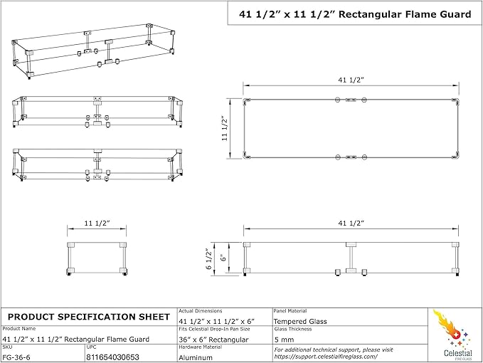 Celestial 41.25" x 11" x 6" Wind Guard, fits The Celestial 36” x 6” Fire Pit Burner Pans