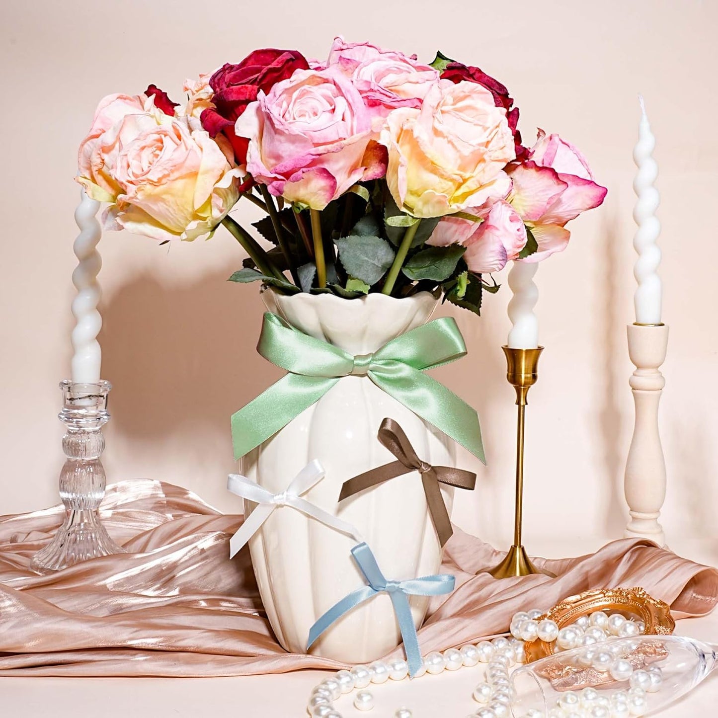 LaRibbons White Satin Ribbon 3/8 Inch 50 Yards Thin Luxury Double Faced Silk Ribbon for Flower Bouquet Crafts Gift Wrapping Wedding Christmas Decoration