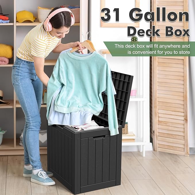 31 Gallon Outdoor Storage Deck Box Waterproof,Garden Tool,Backyard Cushion,Poolside Storage,Small Delivery Boxes for Outside,Lockable Lid,Wood-like Striped Grey