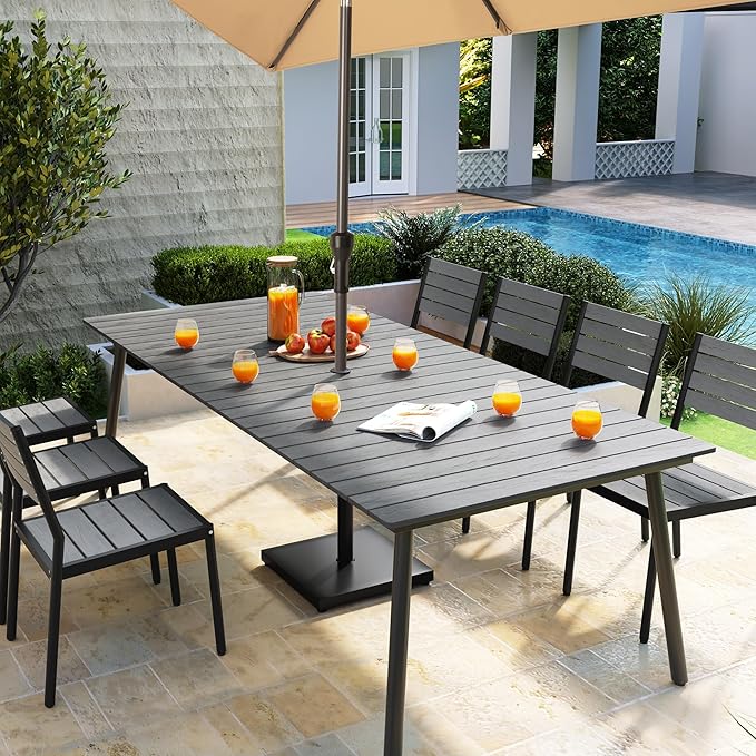 95" Patio Outdoor Dining Table for 8-10, Weather-Resistant Aluminum Frame with Wood-Grain Top & Umbrella Hole for Deck Gatherings, Grey