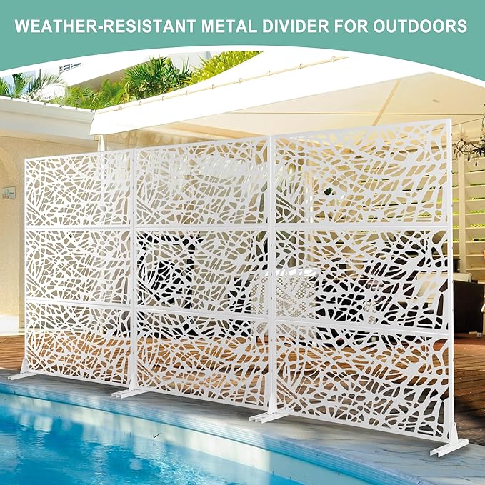 Metal Privacy Screen for Outdoor & Indoor Use, Free Standing Privacy Screen for Patio Garden Pool, 72" H x 47" W Decoative Privacy Panels, Weather Resistant, Easy Assembly (White Net)