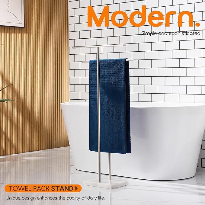 Free Standing Towel Rack for Bathroom 2-Tier Towel Holder Stand with Heavy Marble Base Thicken Steady Design Polished Chrome Stainless Steel AN7001CH