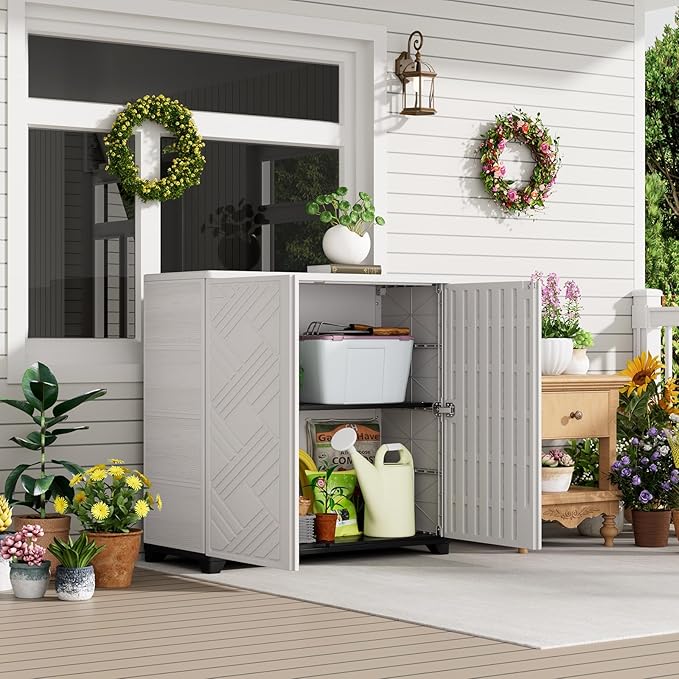 HOMSPARK Indoor/Outdoor Storage Cabinet with Doors and 1 Shelf, 34”x15”x34” HDPE Plastic Storage Box for Patio, Garden, Enterway, Balcony, Multi-Purpose for Daily Tools, White