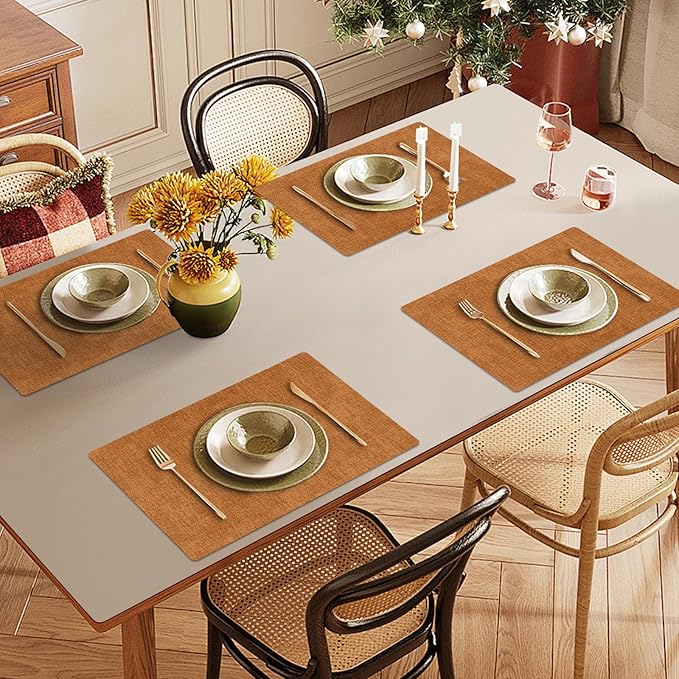 Faux Leather Heat Resistant Fall Placemats Set of 6 – Waterproof Oilproof Wipeable Dining PU Vinyl Place Mat Easy Clean Table Mats for Kitchen/Dining/Party/Holiday, Orange