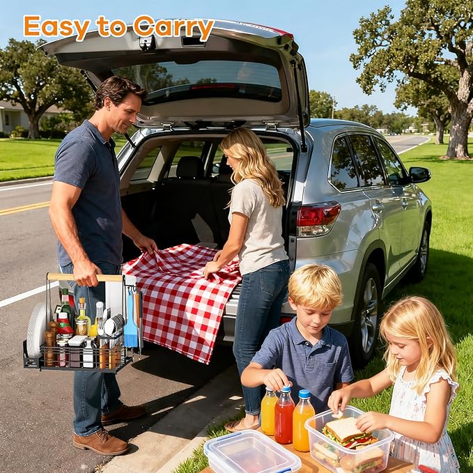Grill Caddy, BBQ Caddy with Paper Towel Holder & Utensil Holder, Picnic Caddy Organizer for Outdoor Cooking, Camping Essentials, Tailgating, Camping Must-Have for Patio, RV, Camper