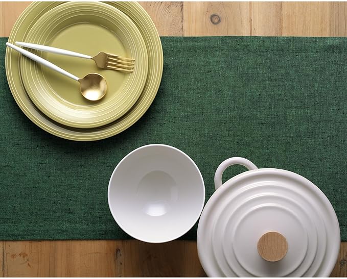 Solino Home Linen Table Runner 156 Inches Long - Athena, 100% Pure Linen Forest Green Table Runner 14 x 156 Inch for Dining, Easter, St Patricks Day
