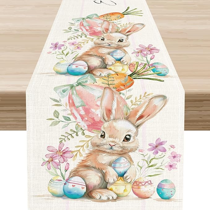 Easter Bunny Table Runner,Rustic Watercolor Bunnies Easter Eggs Carrots Floral Seasonal Table Center Decor for Family Kitchen Living Room Outdoor Farmhouse Party Table Decorations, 13"x108"
