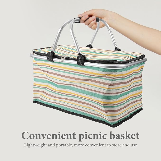 GALPADA Insulated Picnic Basket Multi-Function Cooler Bag for Outdoor Dining Foldable Thermal Tote Thick Aluminum Film Yellow-Green Pattern Without Ice Pack