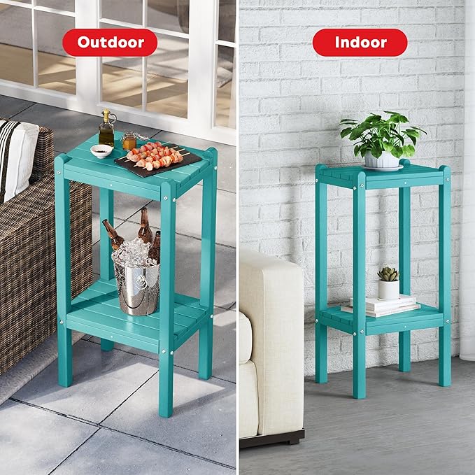 Costaelm Outdoor Side Table, 2-Tier Small Patio Coffee Tables for Outside, Outdoor End Tables for Patio, Adirondack Side Table for Outside, Outside Table for Pool, Porch, Garden, Turquoise