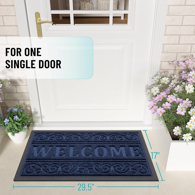 OLANLY Welcome Door Mat Indoor Outdoor Entrance, Heavy Duty Sturdy Front Door Mat, Waterproof All-Weather Doormat, Stain Resistant, Low Profile, Easy Clean Patio Entryway Mat, 59 x 35, Navy Blue