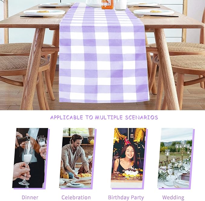 Fabric Checkered Table Runner 6 Pack Waterproof Gingham Table Runner 14W x 108L Buffalo Check Table Runners for Parties Kitchen Dining Wedding Banquet (Lavender and White)