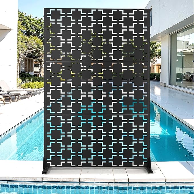 Metal Privacy Screen for Outdoor & Indoor Use, Free Standing Privacy Screen for Patio Garden Pool, 72" H x 47" W Decoative Privacy Panels, Weather Resistant, Easy Assembly (Black Square Floral)