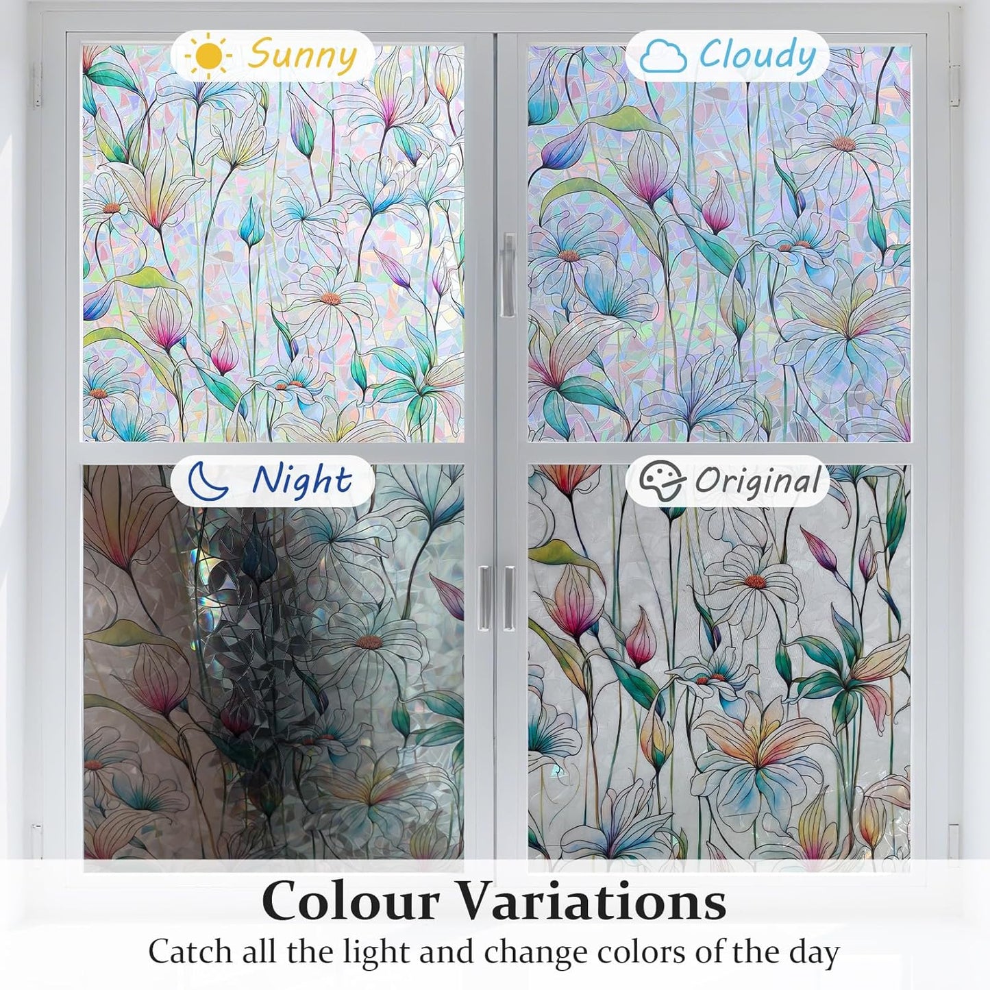 Donox Decorative Window Privacy Film, 3D Floral Stained Glass Window Film Static Cling Rainbow Privacy Sticker for Glass Door Heat Control Anti UV, No Adhesive (Magnolia,23.6 x 78.7 inches)