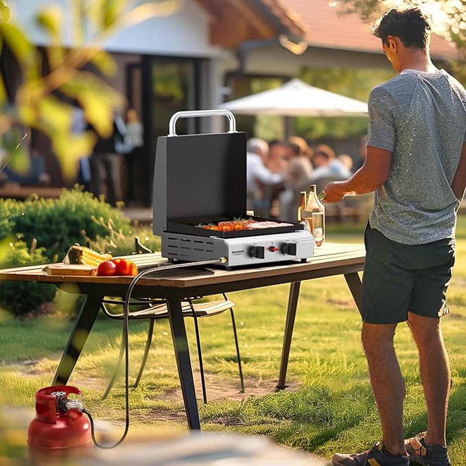 ROVSUN 2 Burner Portable Propane Griddle with Enameled Tray & Lid, 20,000 BTU Tabletop Flat Top Gas Grill with Electronic Ignition & Regulator for Outdoor Cooking Camping BBQ Tailgating Picnicking