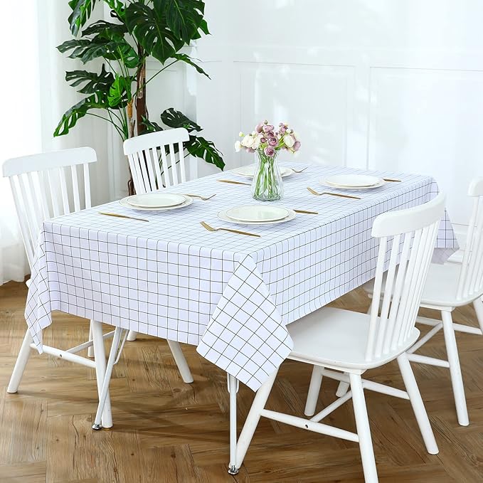 Romanstile Rectangle Vinyl Tablecloth, 100% Waterproof Oil-Proof Checkered Plastic Table Cloth, Heavy Duty Wipeable Table Covers for Dining, Camping, Picnic, Outdoor - 54 x 108 Inch, White