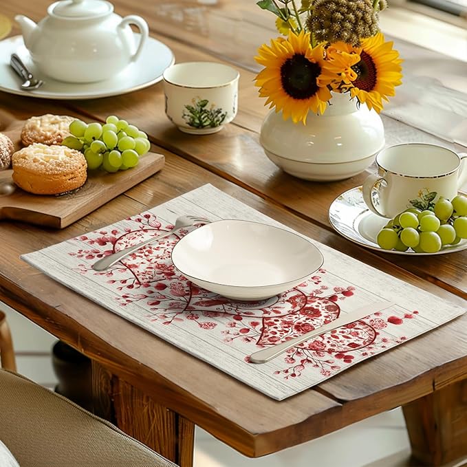 Valentine Wooden Heart Placemats Set of 4, 12x18 Inch Valentines Chinoiserie Red Floral Dining Table Placemats Heat Resistant Washable Table Mats for Kitchen Dining Holiday Indoor
