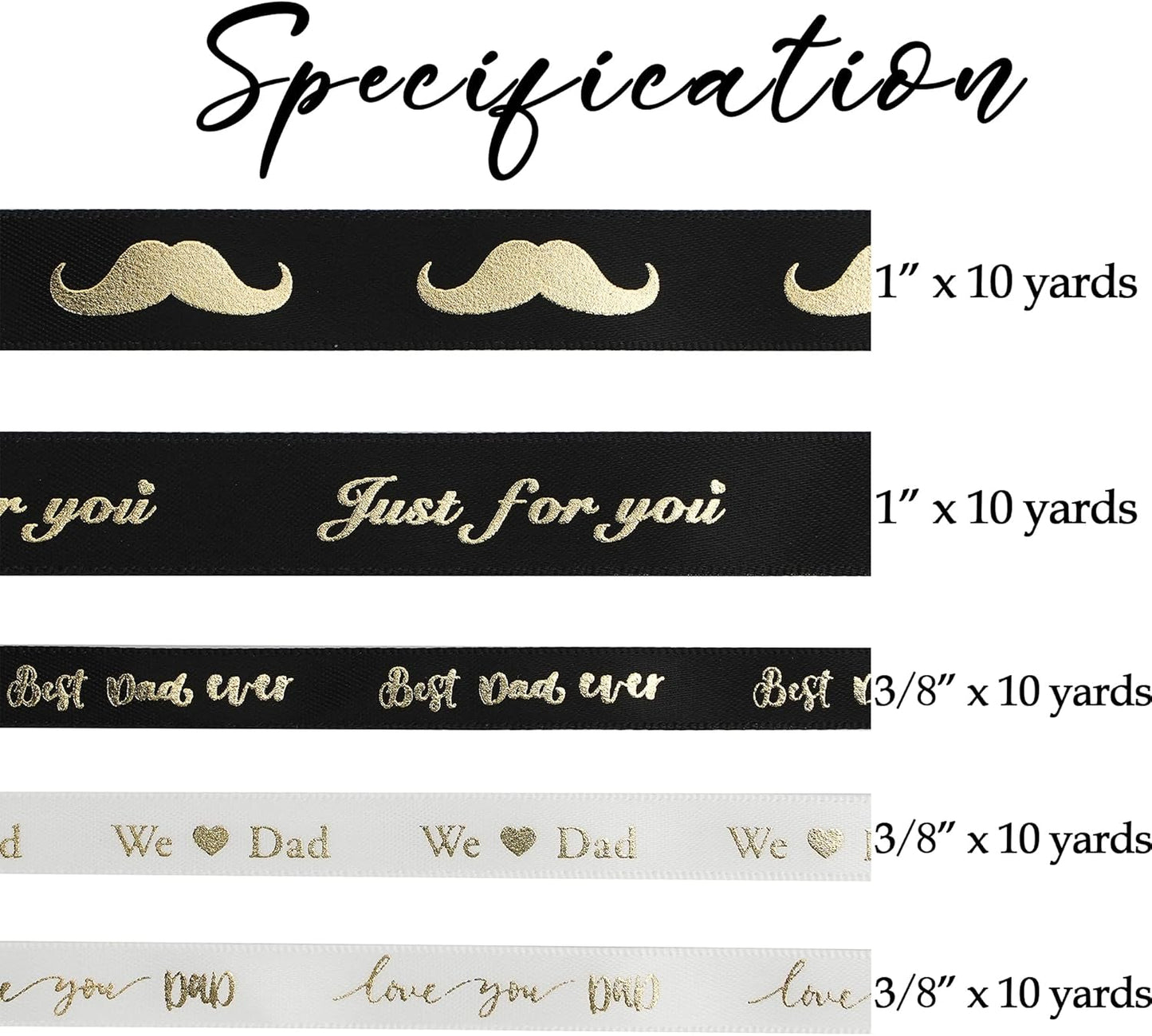 MEEDEE Happy Father's Day Ribbon Fathers Day Decorations Gift Box Wrapping Paper Decor Thank You Satin Thin Ribbon Assorted Black Satin, 5 Rolls with 10 Yards Each Total 50 Yards