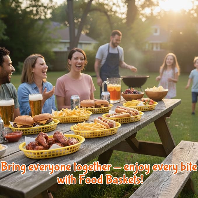 Fast Food Baskets 16-Pack, 10 x 6 Inch Plastic Oval Serving Baskets for Burgers,Bread, Fries & Sandwiches, Restaurant Diner Cafeteria Food Truck Party Use, Reusable&Stackable(Yellow)