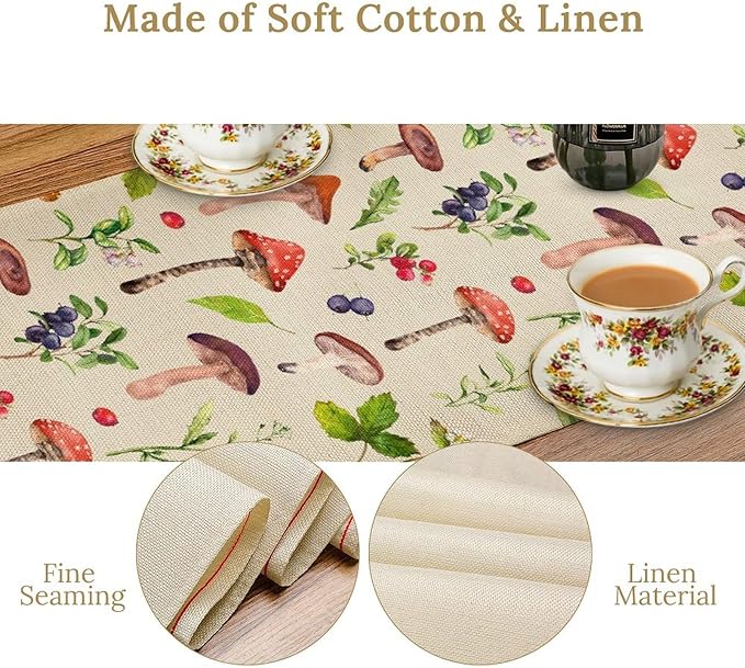 Mushroom Table Runner, Rustic Farmhouse Forest Plants Botanical Wildfloral Coffee Table Center Decor for Home Kitchen Dining Patio Holiday Party Indoor Outdoor Table Decorations, 13"x90" Inch