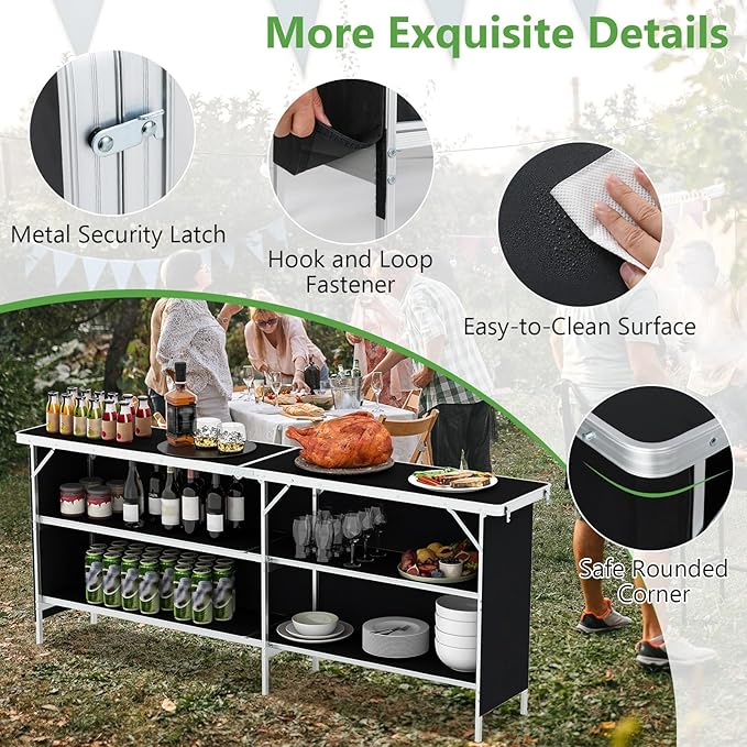 Giantex 81" Extra Long Portable Bar Table with 2-Tier Storage Shelves, Folding Mobile Bartending Station with Removable Skirt, Carry Case, for Events, Parties, Trade Shows (Black, 81''L x 32.5''H)