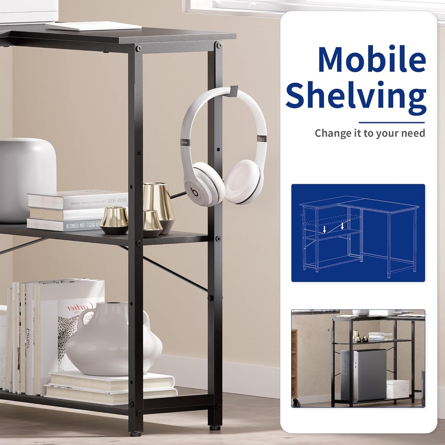 Pamray 43 Inch L Shaped Computer Desk with Reversible Side Storage Shelves, Small Corner Desk for Small Space Home Office,Writing Study Table PC Desk for Bedroom,Vintage