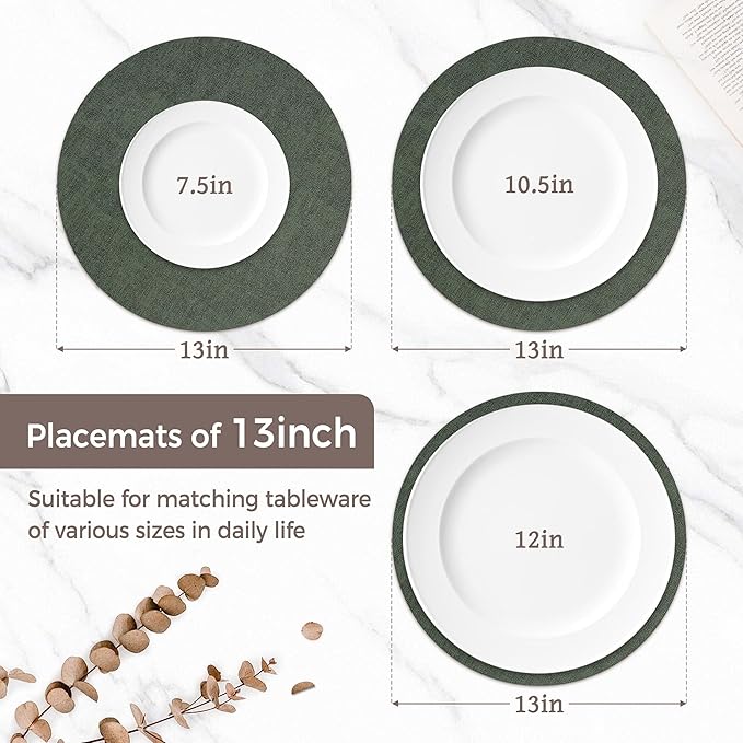 13" Round Placemats Set of 4, Reversible Faux Leather Heat Resistant Table Mats, Waterproof Oilproof Wipeable Table Protective Placemats for Vinyl, Washable for Indoor & Outdoor Use (4, Dark Green)