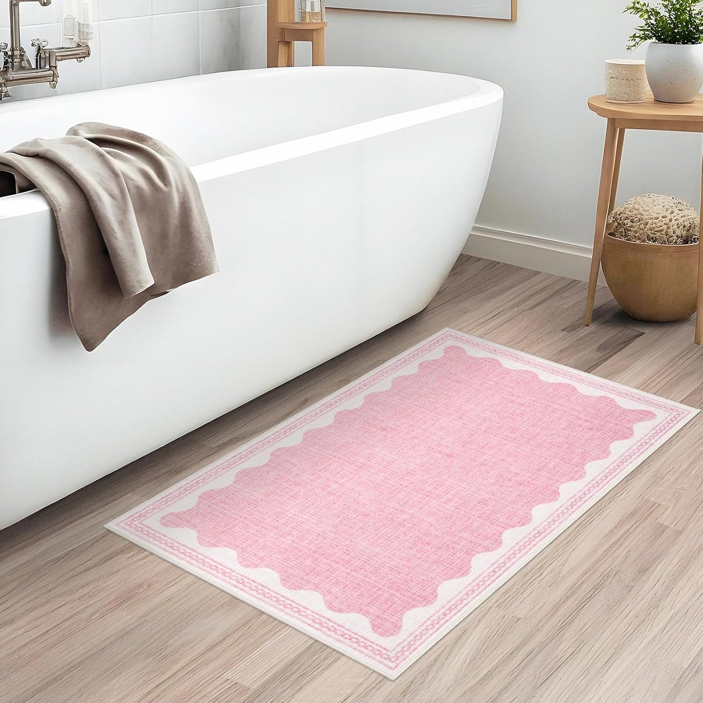 Scalloped Rug 2x3 Rugs for Entryway, Solid Pink Rug for Bedroom Girls, Small Washable Rugs Non Slip Scalloped Bath Mat, Front Door Mat Indoor Entrance, Soft Dorm Nursery Carpet for Kitchen